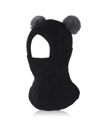 Fadcaer Winter Kids Hat Hooded Scarf Set Double Pom Pom Hat Earflap Beanies Caps with Fleece Lining Warm Knitted Baby Balaclava Kids Winter Hat for 2-5 Years Old Baby Toddlers Girls Boys 1-2 Black