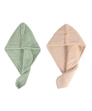 ACMYCH Thickened Hair Towel Wrap  Hair Drying Towel with Button  Microfiber Hair Towel  Dry Hair Hat  and Bath Hair Cap.(Avocado Green & Light Brown)