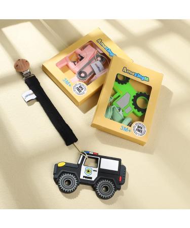 Baby Food Grade Silicone Car Teether Toy with Pacifier Clip Holder - Police Car Black | Teething Pain Relief Gift Set for Boys and Girls (3 Months+) | BPA Free & Freezer Safe - Buy Online on GoSupps.com