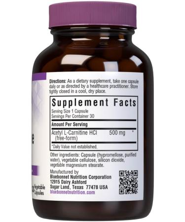 Bluebonnet Acetyl L-Carnitine 500mg Capsules | Energy Boost | Vegan & Kosher | 30 Veg Caps | Pack of 1 - Buy Online on GoSupps.com