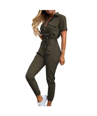 Mimacoo Solid Color Overall for Womens Fall Colthes Buttons Down Lapel One Piece Jumpsuit Short Sleeve Shirts Long Pants 2 Piece outfits for Women-green Large