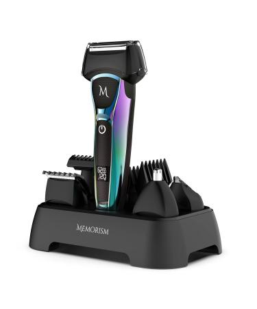 Memorism Multifunction Men’s Grooming Kit - Foil Shaver 4-Attachment Body Hair, Nose, Beard Trimmer with Adjustable Guard Heights - Rechargeable with LED Display Blizz GS5 (Purple-Green Gradient)