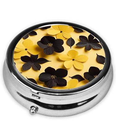 Black Yellow Petals Portable Metal Pill Box - Round Mini 3-Compartment Design for Small Pills Perfect for Travel - Buy Online on GoSupps.com