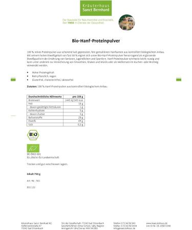 Sanct Bernhard Bio-Hanf Protein Powder Organic Cold-Pressed Hemp Seed 750g | International Shipping - Buy Online on GoSupps.com