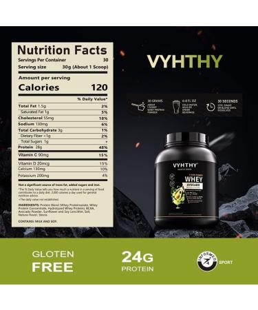 VYHTHY Avocado Flavored Whey Protein Powder 24g Protein per Serving Fast-Absorbing Concentrated whey Protein Low Sugar Gluten-Free Natural Flavor 2 lbs/32 oz. - Buy Online on GoSupps.com