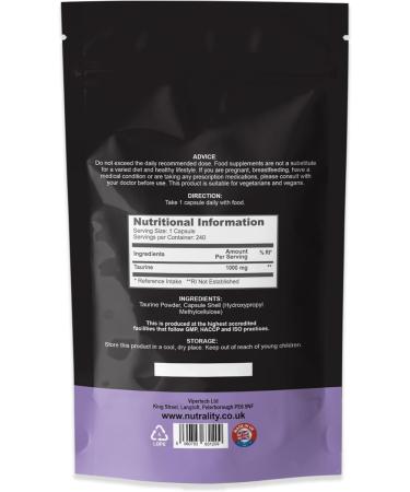 Nutrality Taurine Supplement 1000mg - 240 Capsules for Energy, Endurance & Holistic Health | Vegan-Friendly Amino Acid for Sports Performance & Sleep - Buy Online on GoSupps.com