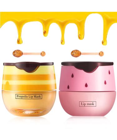 2 PCS Bee Balm Lip Balm Honey Pot  Honey & Strawberry Lip Mask Propolis Moisturizing Lip Balm with Stick - Hydrating Prevention Dry and Cracked Lip Scrubs Exfoliato Lip Wrinkle Skin Care Products