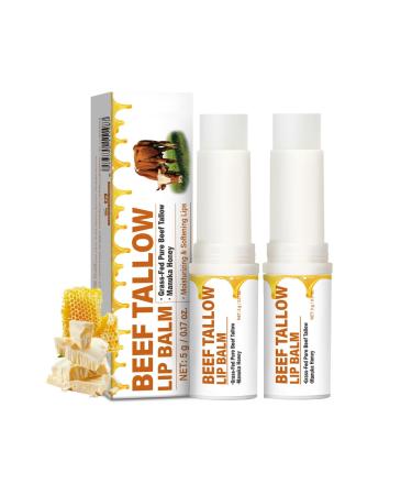 Beef Tallow Lip Balm Natural Grass Fed Beef Tallow & Honey Chapstick Rich Vitamins Long Lasting Hydrating & Nourishing Tallow Balm Lip Care Soothes Chapped Dry Sensitive Lips - 2 Pack