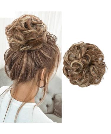 Hair part with rubber band Messy Bun Hair parts hair extension large bun hair part hair tie lured with hair synthetic hair extensions ponytail hair (12h24# (light gold brown & pale gold blonde)))