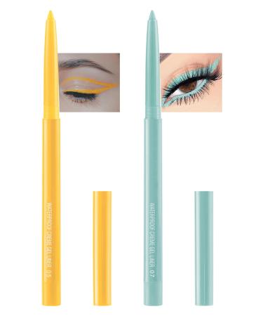 Yellow & Green Gel Eyeliner 2 Colors Eyeliner Crayon Pencil Waterproof Long Wear Smudge-Proof Retractable Eyeliner Pen Matte Cream Waterline Eyeliner Delineador De Ojos Eye Makeup for Festival(05+07)