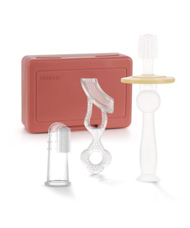 haakaa Training Toothbrush Set Oral Care Kit Soft Silicone Toothbrush for Baby Infants Toddlers & Kids Rust Color