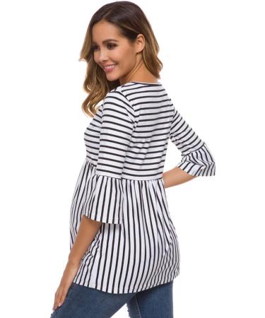 Love2Mi Women Maternity Blouse | A-Line Pregnancy Shirt | 3/4 Bell-Sleeve | S White Black Stripe - Buy Online on GoSupps.com