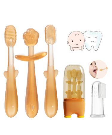 FOKiiBO Baby Silicone Toothbrush Set, Toothbrush + Tongue Brush + Baby Teether + Finger Toothbrush with Cup for Training Teething, 0-18M Infant Toddler Newborn Baby Toothbrush Teeth Brushes (Amber)