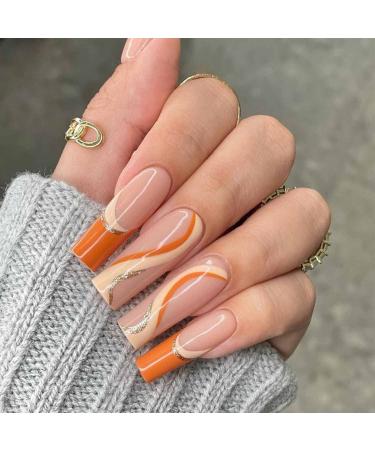 DOCVOEOMH Orange Press on Nails Fake Nails Long Coffin Glue on Nails Acrylic Stick on Nails False Nails for Women 24PCS Orange-A01