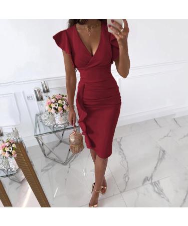 Briskorry Women's Summer Business Dresses - Elegant V-Neck Floral Knee-Length Ruffled Festival Dresses - Buy Online on GoSupps.com