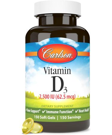 Carlson - Vitamin D3 2500 IU (62.5 mcg) Immune Support Bone Health Muscle Health Cholecalciferol Vitamin D Supplements Vitamin D3 Soft Gels 150 Softgels 150 Count (Pack of 1) - Buy Online on GoSupps.com