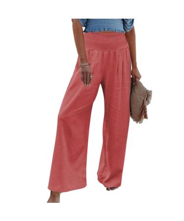 Lovely Nursling Womens High Waisted Wide Leg Pants Casual Drawstring Elastic Trousers Comfy Straight Leg Long Linen Pants Small D1-orange