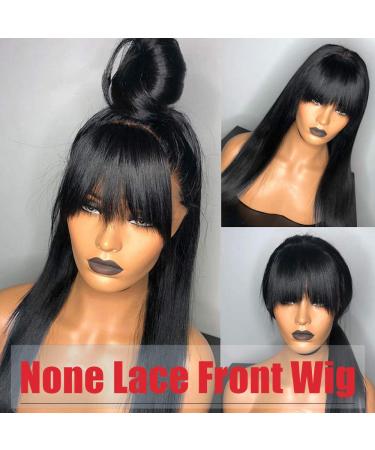Lzlefho Silky Brazilian Virgin Straight Human Hair Wig with Bangs - 16 Inch Natural Black, 130% Density, None Lace Front, Glueless Machine Made for Black Women - Buy Online on GoSupps.com
