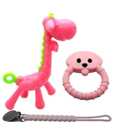 Baby Teething Toy Set - Includes Pink Pacifier Clip  Giraffe Teether & Bear Teether - Silicone Chew Toys for Infants Newborns - BPA Free Freezer Safe