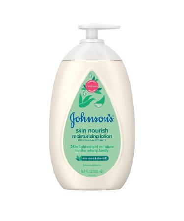 Johnson's Skin Nourish Moisturizing Baby Lotion with Aloe Vera Scent & Vitamin E, Gentle & Lightweight Body Lotion for The Whole Family, Hypoallergenic, Dye-Free, 16.9 fl. oz