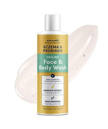 AD RescueWear Healing Face & Body Wash - 16 Fl Oz Aloe Vera - Eczema & Psoriasis Body Wash - Colloidal Oatmeal Hydration - Niacinamide & Manuka Honey Cleanser