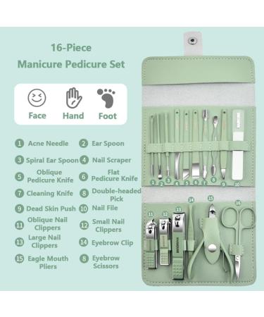 Set of 16 Manicure Pedicure Set Stainless Steel Nail Clippers Kit Portable Nail Trimming Set and Grooming Tools with Storage Bag Green - Buy Online on GoSupps.com
