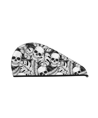 Hair Towel Wrap Hair Drying Towel with Button Towel Turban Head Towel to Dry Hair Quickly (Skull and Palm Leaves)