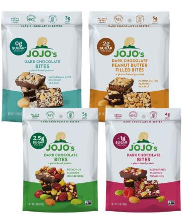 JOJO's Dark Chocolate Bites Made with Hemp, Plant Based Protein, Low Sugar, Low Carb, Vegan, Paleo & Keto Friendly, Healthy Snack, Variety Pack, 3.9oz Bag (4 Count)