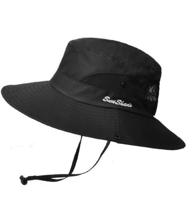Womens Wide Brim Foldable Sun-Hat with Ponytail-Hole - Black | UV Protection Fishing Hat for Outdoor Activities - Buy Online on GoSupps.com