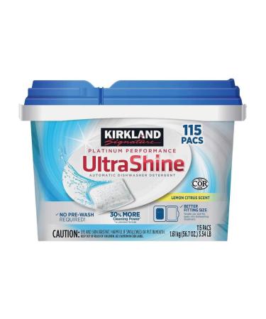 Kirkland Signature UltraShine Dishwasher Detergent Pacs Lemon Citrus 115 Ct White