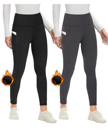 NexiEpoch Fleece Lined Leggings Women - High Waist with Pockets Thermal Warm Tummy Control Pants Yoga Workout Winter C-2 Pack Black/Heather Grey Small-Medium