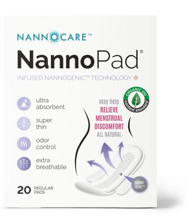 NannoPad Regular Pads for Women - Nannocare Certified Organic Cotton Pads - Pads with Wings - Feminine Hygiene Products - 20 Sanitary Pads for Women - Feminine Pads (20 Count (Pack of 1))