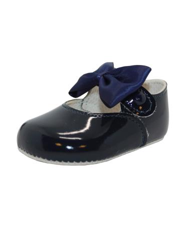 Baby Girls Pram Shoes Bow Button Up Soft Sole Made in Britain 1 UK Child Navy