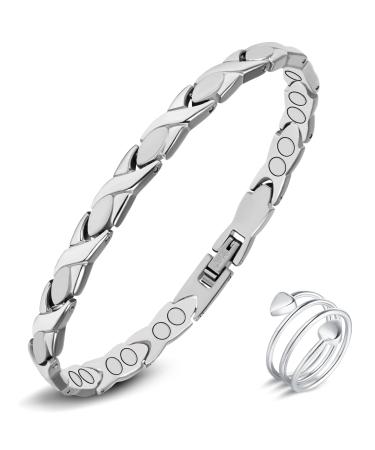 Jeracol Magnetic hardship women and magnetic rings reduces pain and arthritis stainless steel therapeutic magnet bracelet adjustable size & jewelry gift box energetix silver-silver