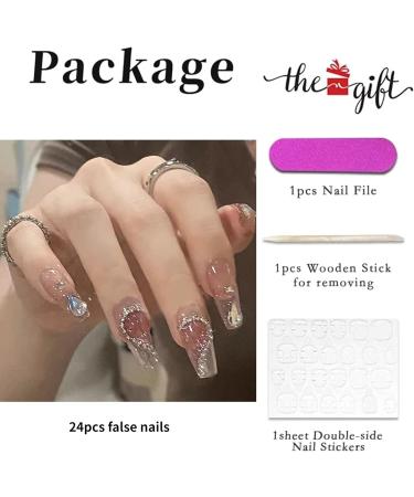 24Pcs Coffin Shape Press on Nails with Rhinestone French Designs - Medium Length Fake False Nails Ballet Nail Kit for Women and Girls - Buy Online on GoSupps.com