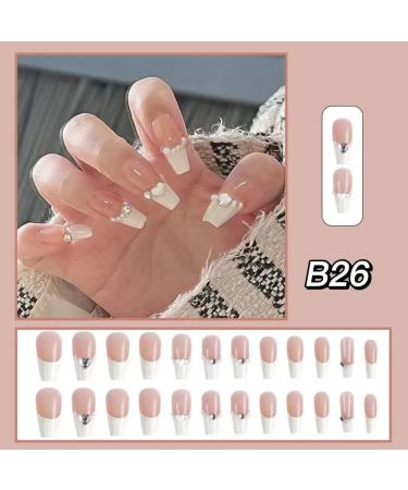 White French Acrylic Coffin Stick On Nails 24pcs - Medium Length Press On Nails with Glue - Ballet French Style Fake Nails for Women and Girls - Heart Puffs Design - Buy Online on GoSupps.com