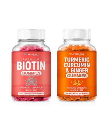 Biotin & Turmeric Vegan Gummies Combo | Max Strength Hair Growth Skin Health and Overall Wellness | 10000mcg Biotin & 95% Standardized Turmeric Curcumin | Natural Non-GMO and Gluten-Free Supplement