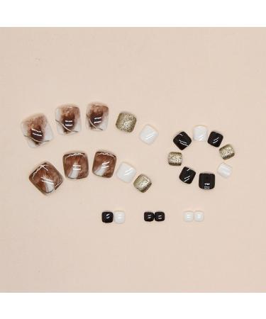 Square Short Acrylic Stick on False Toe Nails - 24Pcs Black Brown Amber Design - Fake Nails with Glue for Women and Girls - Buy Online on GoSupps.com