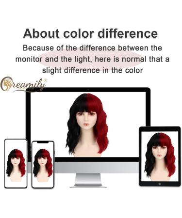 Creamily 14 Inches Black Red Wig for Women Girls Short Curly Synthetic Wig with Bangs Lovely Black and Red Bob Wavy Wig Cosplay Party Halloween Wig for Women E-Black and Red - Buy Online on GoSupps.com