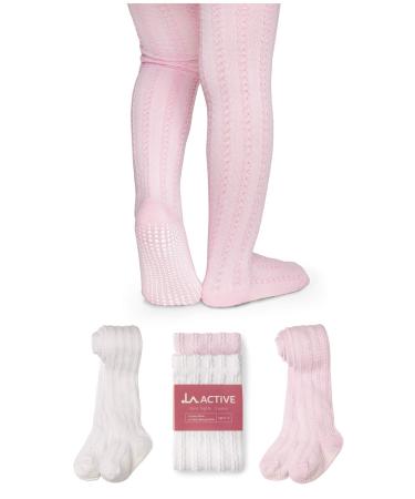 LA Active Baby Girls Tights - Cozy Warm WinterTights - Baby Toddler Infant Newborn Kids Non Skid/Slip Grip Cotton Cable Knit 2T 3T 4T 5T 6-12 Months Daisy White and Cherry Blossom Pink - 2 Pairs
