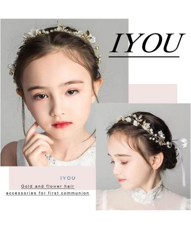 IYOU Flower Leaf Headpiece Gold Pearl First Communion Headband Crystal Floral Wedding Hair Accessories for Flower Girls and Bridesmaid. - Buy Online on GoSupps.com