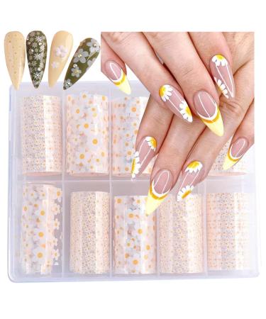 10 Rolls Mix Size White Sun Flower Nail Transfer Foils Nail Art Supplies Set Mini Flower Nail Decals Nail Stickers for Nail Art Designer Spring Summer Floral Theme Nail Foil Transfer Sheets