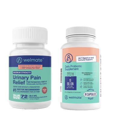 WELMATE Urinary Track Comfort & Digestive Balance Kit: Urinary Pain Relief 99.5mg (72 Ct) & Saccharomyces Boulardii Probiotic (200 Ct) | Enhanced Urinary and Gut Health Support