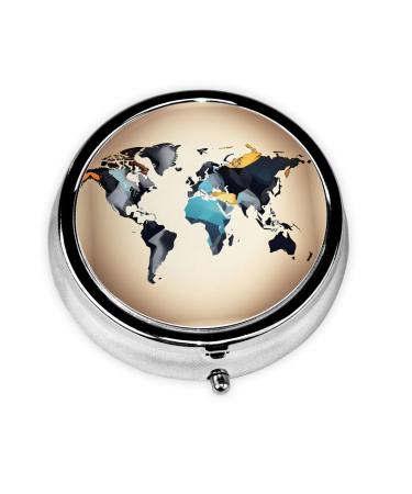 FoRes Abstract World Map Print Cute Travel Pill Organizer Weekly Round Pill Box Portable Medicine Organizer Black