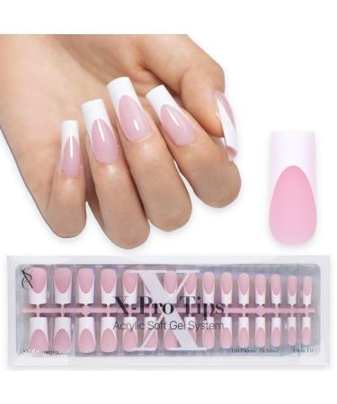 SXC Cosmetics French Tip Press On Nails Pink Medium Square 150 Pieces in 15 Sizes Ultra Fit with Pre-applied Tip Primer and Base Coat No Need to File Fake Nails for Nail Art DIY X-Pro Tips P117-M Square