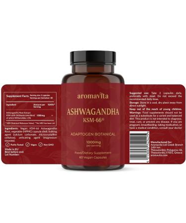 AROMAVITA Ashwagandha Capsules KSM-66 1000mg Daily Dose Pure Organic Root Powder Extract Ayurvedic Supplement - Focus Mood Support Increase Energy Strength. Natural KSM for Superior Absorption. - Buy Online on GoSupps.com