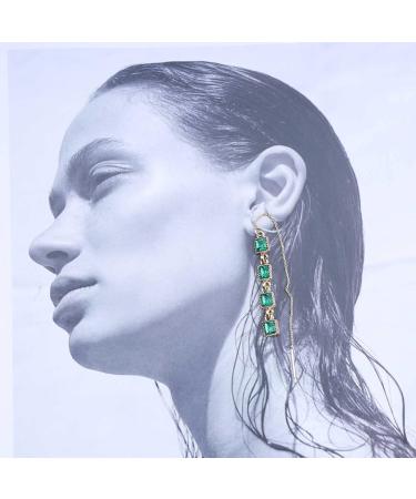 Vintage Crystal Emerald Threader Earrings | Long Tassel Dangle & Square Stud Earrings | Gold Bar Pull Through Jewelry for Women - Buy Online on GoSupps.com