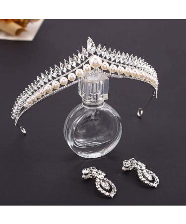 Obmyec Wedding Pearl Crystal Head Crown Queen Rhinestone Tiara Set - Bridal Hair Accessories for Women - Buy Online on GoSupps.com