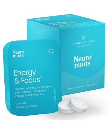 Neuro Mints | Nootropic Energy Caffeine Mints | 40mg Caffeine + 60mg L-theanine + B Vitamins for Energy and Focus | Sugar Free + Vegan + Keto | Caffeine Supplement for Adults Mint Flavor (72 Mints) Peppermint 12 Count (Pack of 6)