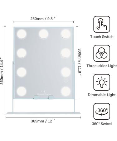 FTOYIN Lighted Vanity Mirror with Wireless Charge - Hollywood Style with 9 Dimmable LED Bulbs and 3 Color Modes, 5X Magnification - Buy Online on GoSupps.com